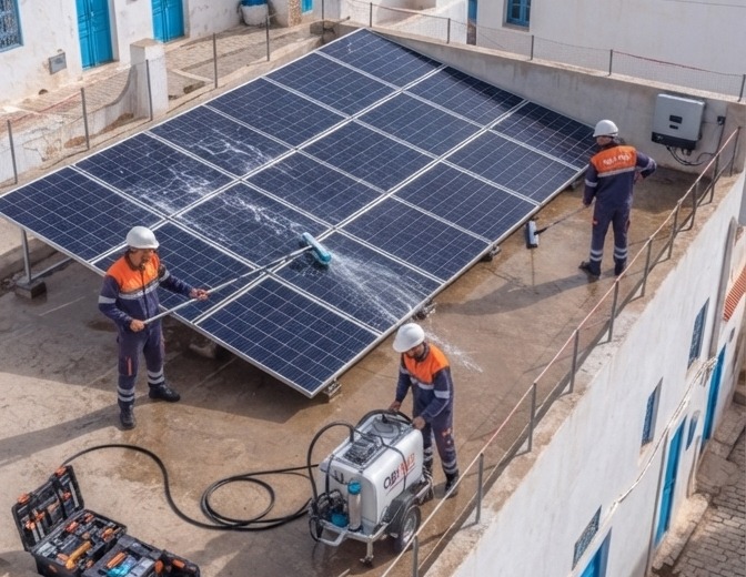 Techniciens Opti Volt lors d'un nettoyage périodique de panneaux solaires